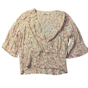b.young Floral Smocked Waist Surplice Wrap Top - Eco Viscose